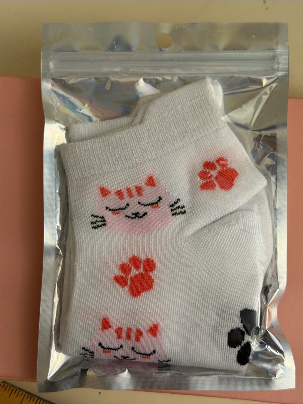 White Crew Socks with Pink Cat Face and Coral Paw Prints